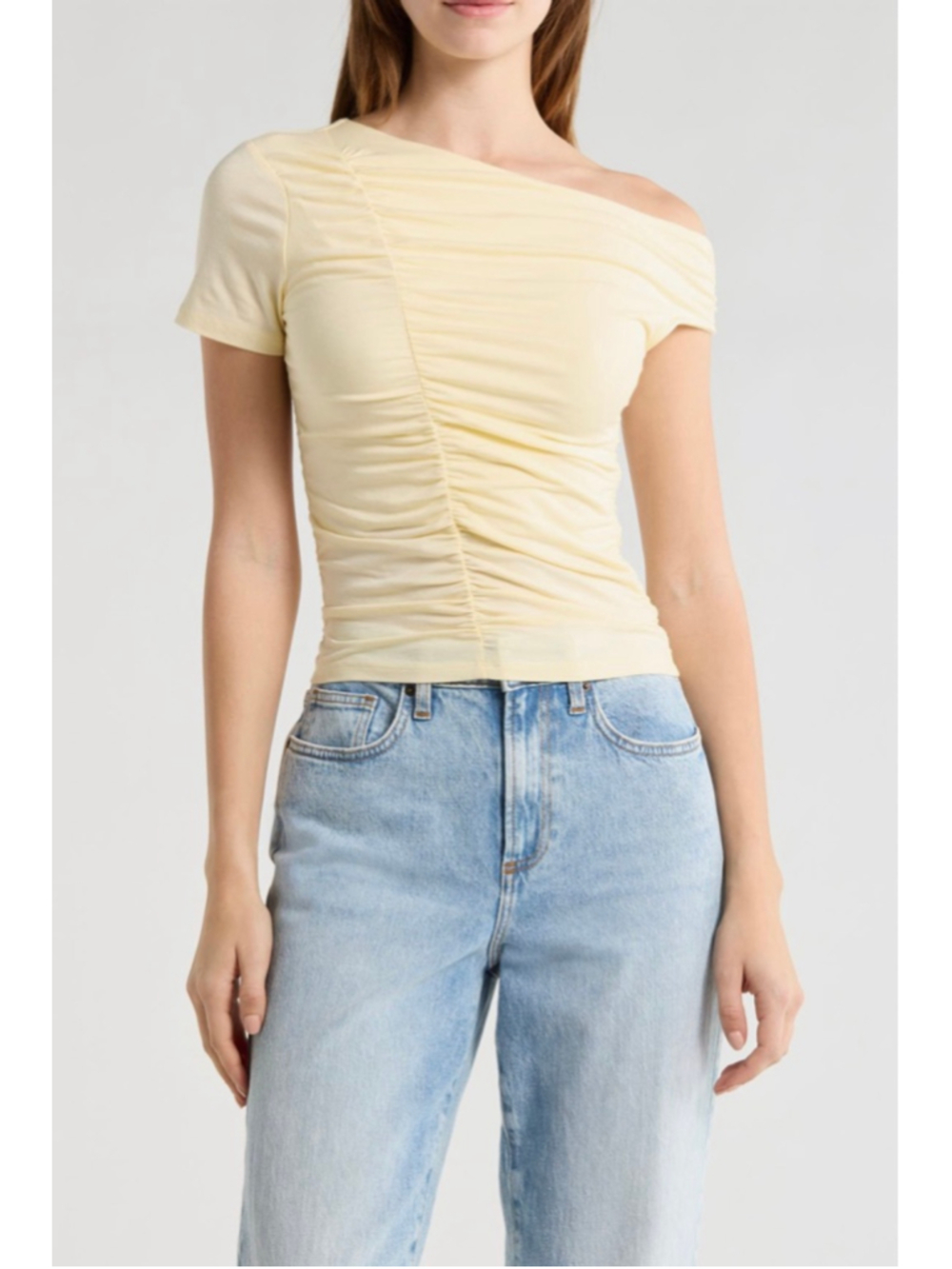Elodie Short Sleeve Ruched Off-Shoulder Asymmetric Tee Top Yellow Size Medium - Picture 2 of 7